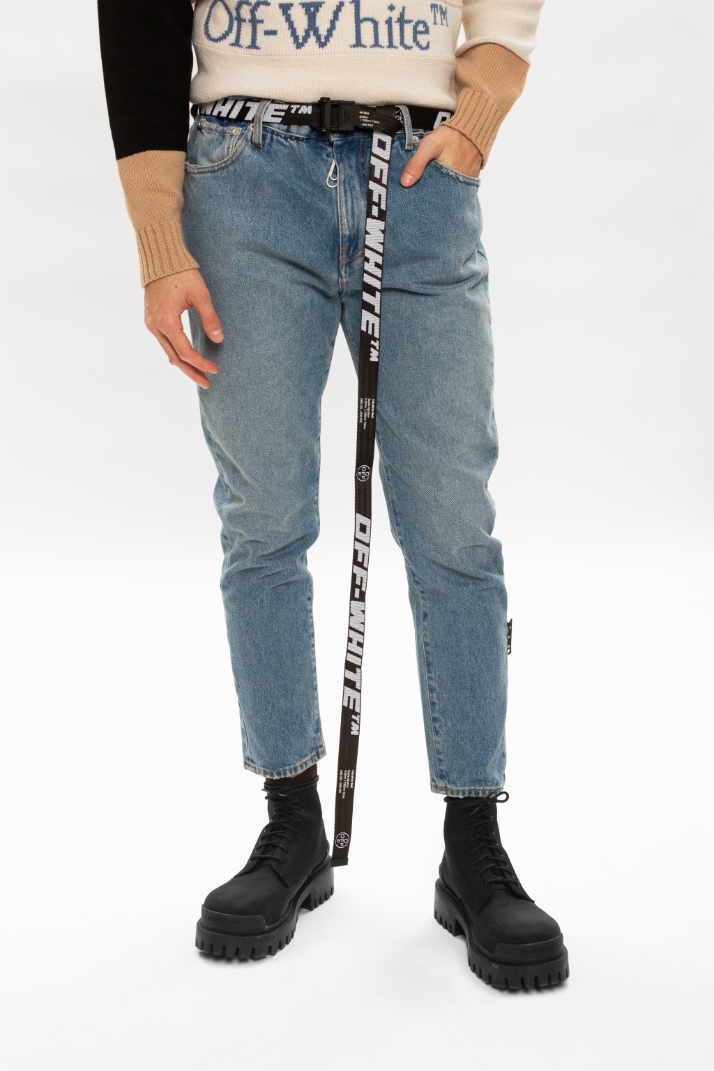 Off white clearance belt on leg